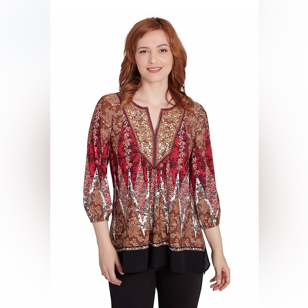 NWT Ruby Rd. Boho Embellished Placket Decorative
Border Print Knit Tunic Medium